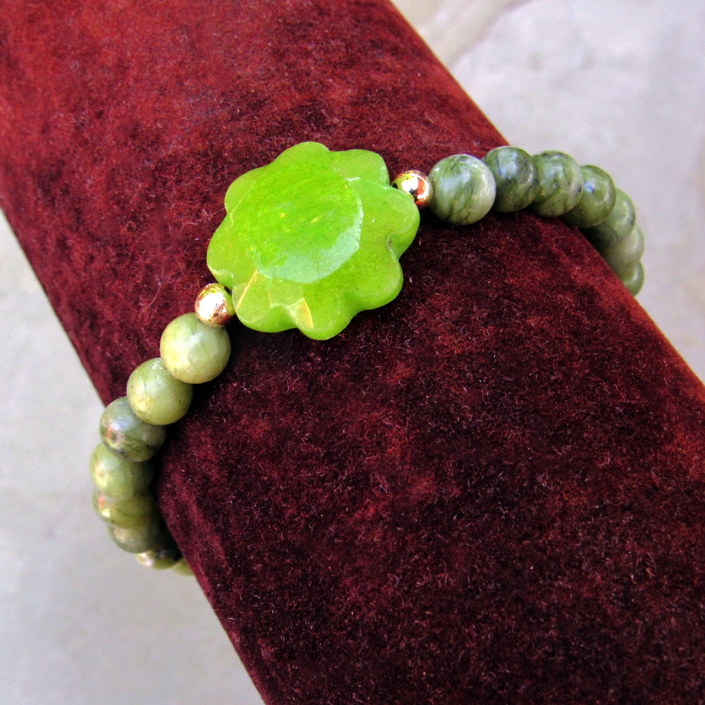 Green jade and African Jade gemstone flower with 14 kt Gold Fill