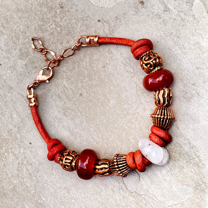 Moonstone gemstone with Red Agate and Copper on Red Leather clasp Bracelet