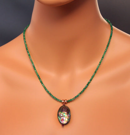 Abalone shell Pendant with Ruby gemstones on Green Onyx Necklace