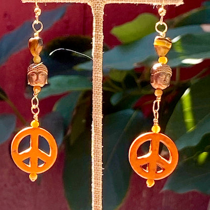 Howlite Peace Signs, Tiger’s Eye, Hematite, and 14 Kt Gf Drop Earrings