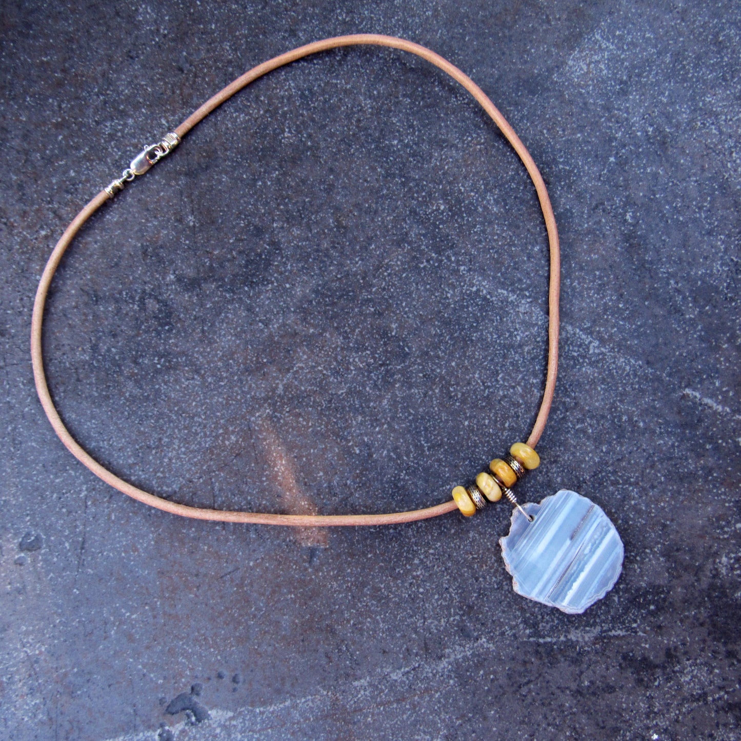 Grey Striped Agate gemstone, Yellow jasper, Sterling Silver on Leather Necklace