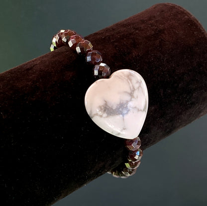 Howlite White Turquoise Gemstone Heart w/ Garnets Bracelet