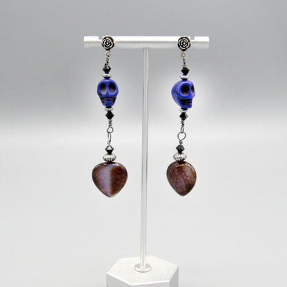 Purple Howlite Gemstone Skull with Onyx and Dragon’s Vein Agate Earrings