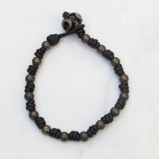 Leather Hand Knotted Pyrite and Tibetan Agate Bracelet