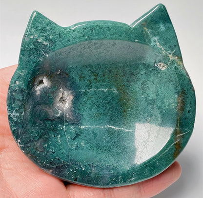 Natural Green Moss Agate Kitty Cat Jewelry Dish