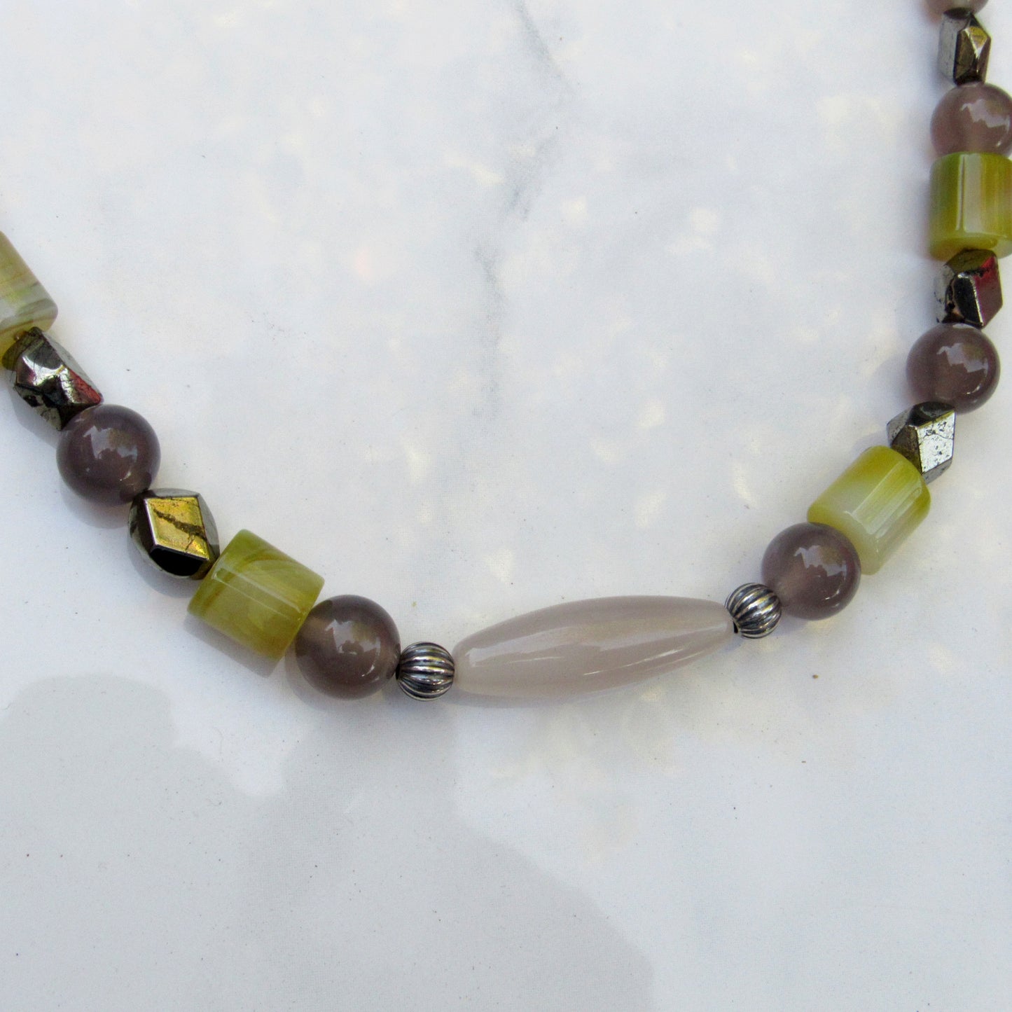 Grey Agate, Yellow Agate, Pyrite gemstones and Sterling Silver Necklace