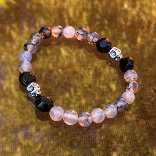 Men’s Hematite skull and Dragon Vein Agate with Black Agate gemstone stretch bracelet