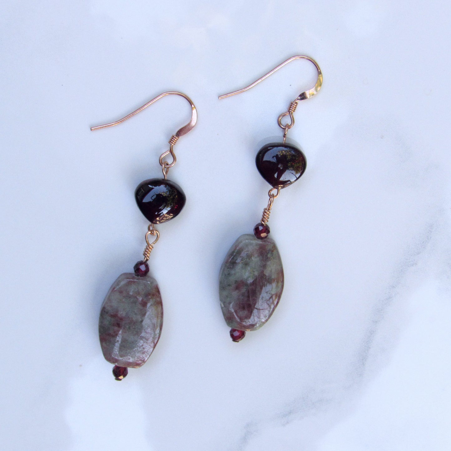 Ruby Zoisite, Garnets, w/ 14 kt Rose Gf Drop Earrings