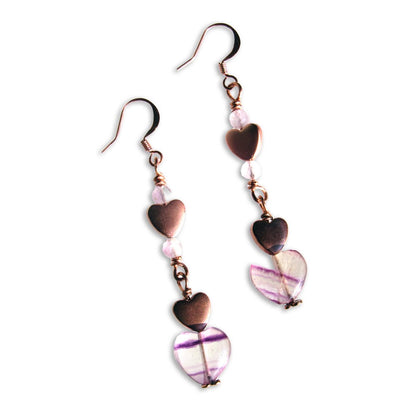 Fluorite and Hematite gemstone Dangle Heart earrings