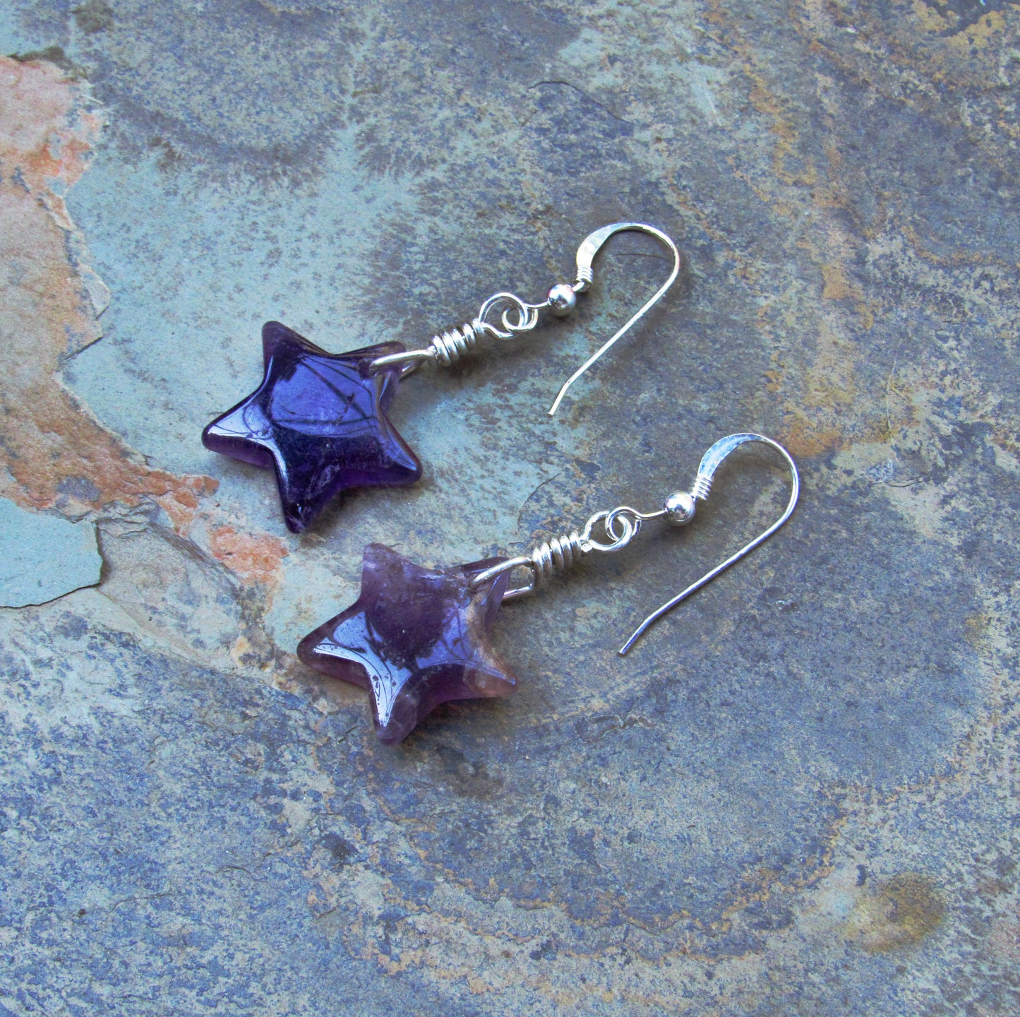 Amethyst Star Hand Wrapped in Sterling Silver Drop Earrings