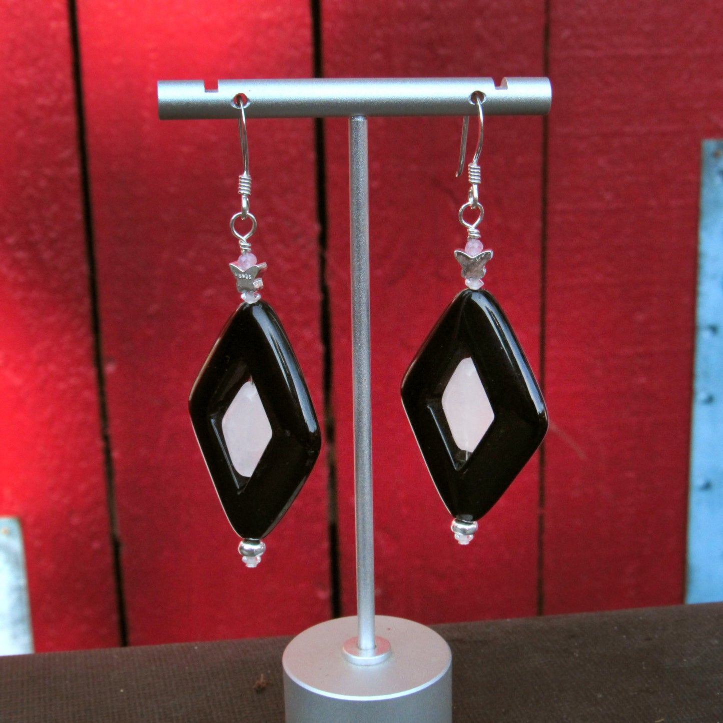 Onyx, Rose Quartz, White Topaz, Pink Sapphires, and Sterling Silver Drop Earrings