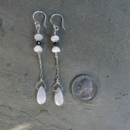 Black Diamond And Moonstone Long Drop Earrings w/ Sterling Silver