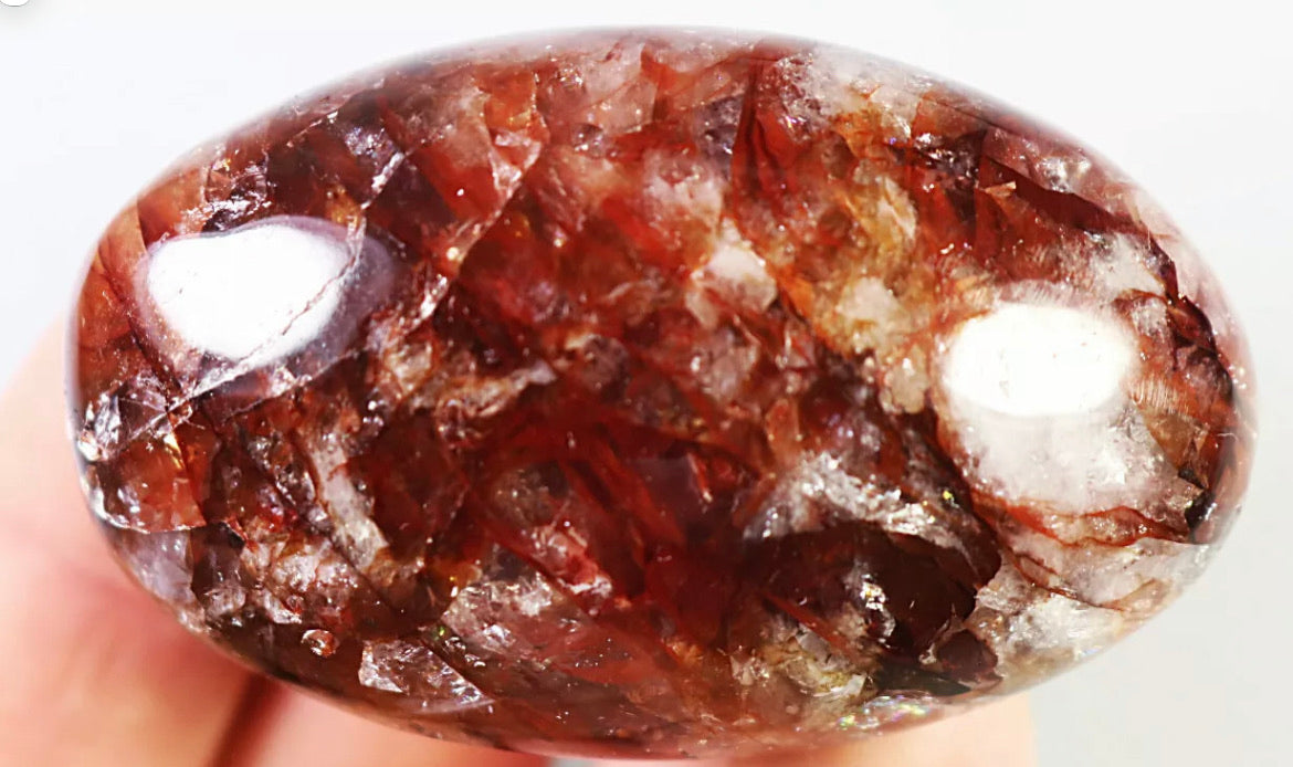 Natural Red Fire Hematoid  Quartz  Rainbow Crystal Palm Stone