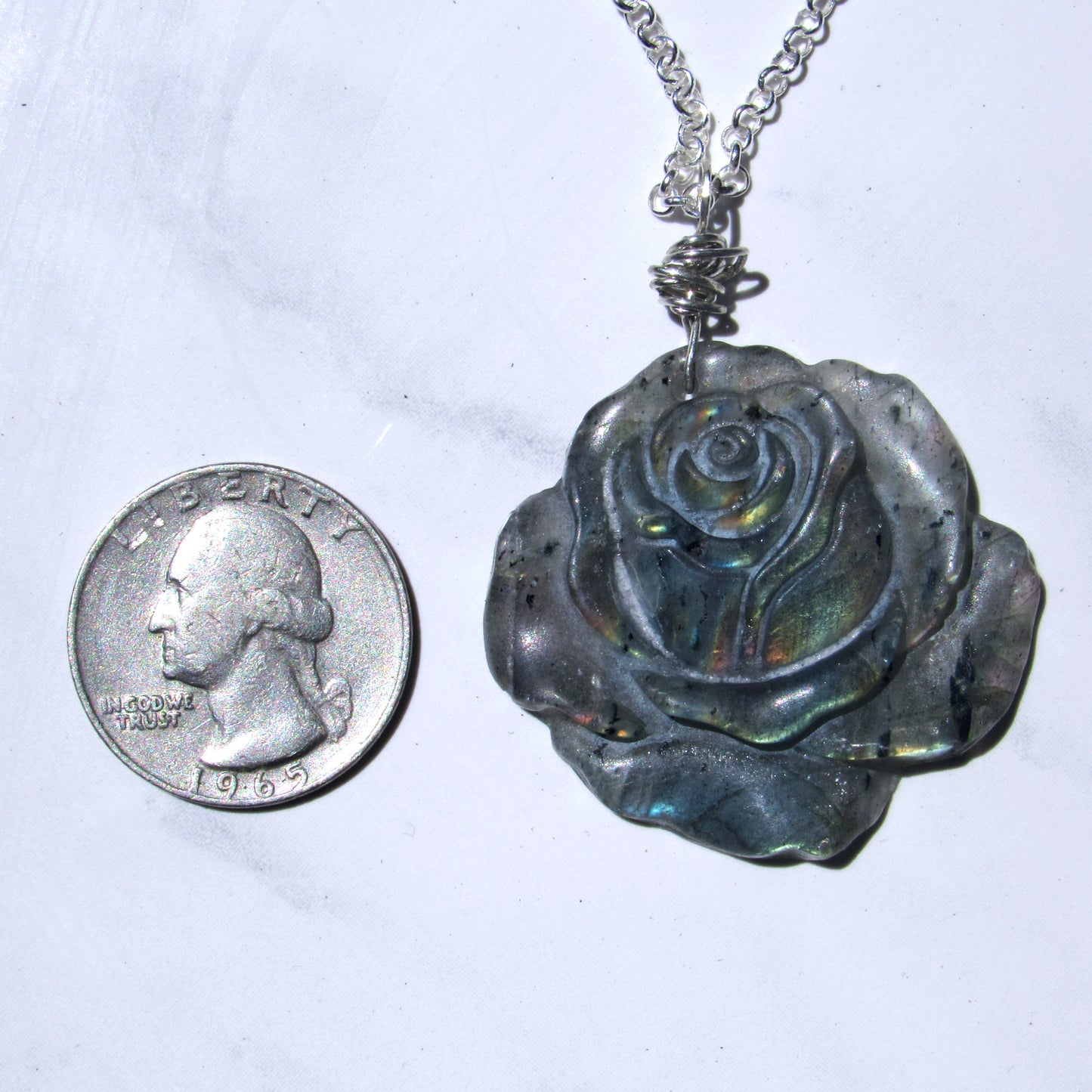 Rainbow Labradorite Carved Rose, Hand Wrapped w/ Sterling Silver on Sterling Silver Chain