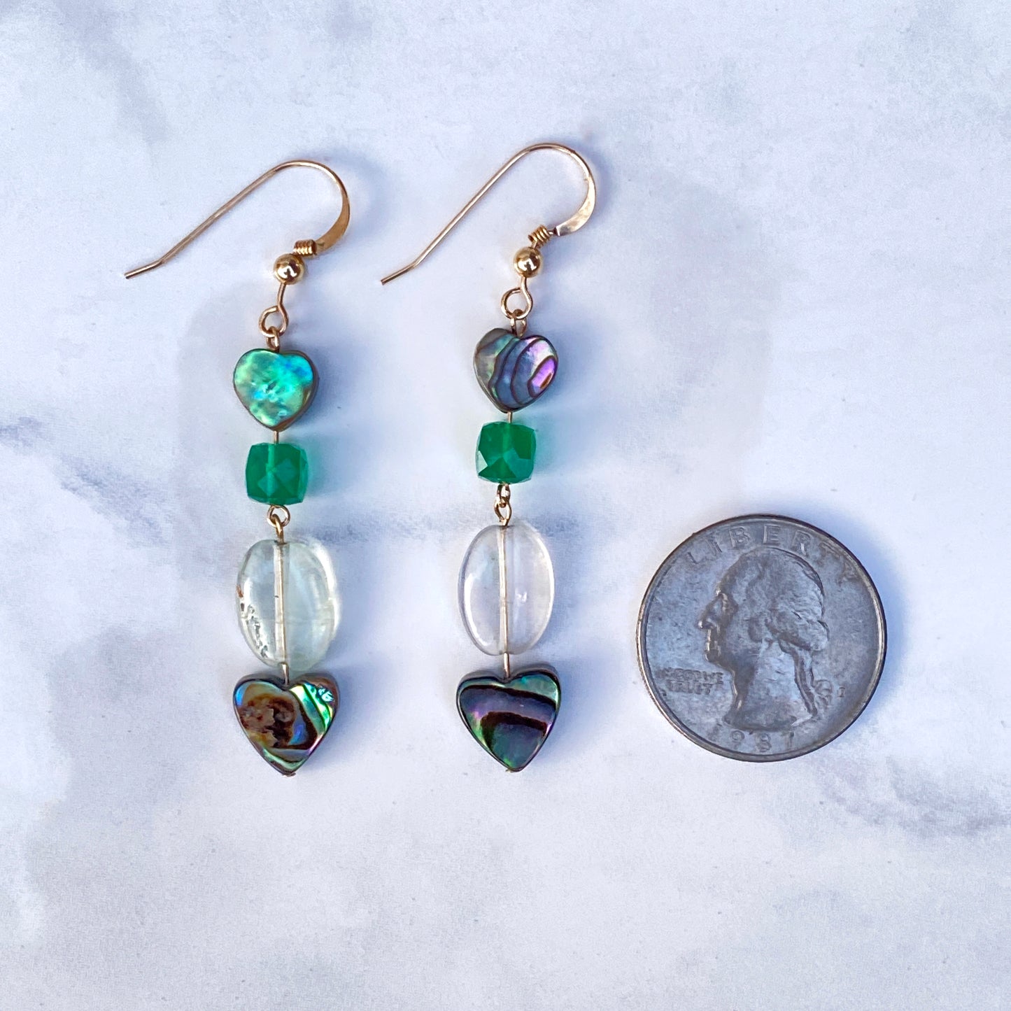 Abalone shell Heart, Green Onyx gemstone, and Green Amethyst drop earrings