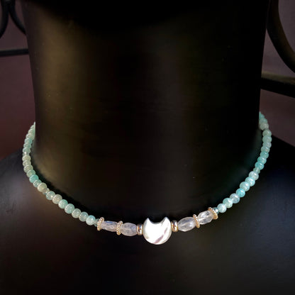 Mother of pearl moon with amazonite, moonstones, and apatite sterling silver Choker