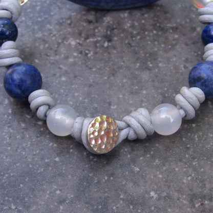 Flower Carved Agate, Sodalite gemstone, Clear Quartz, Leather Hand Knotted W/ Sterling Silver Button