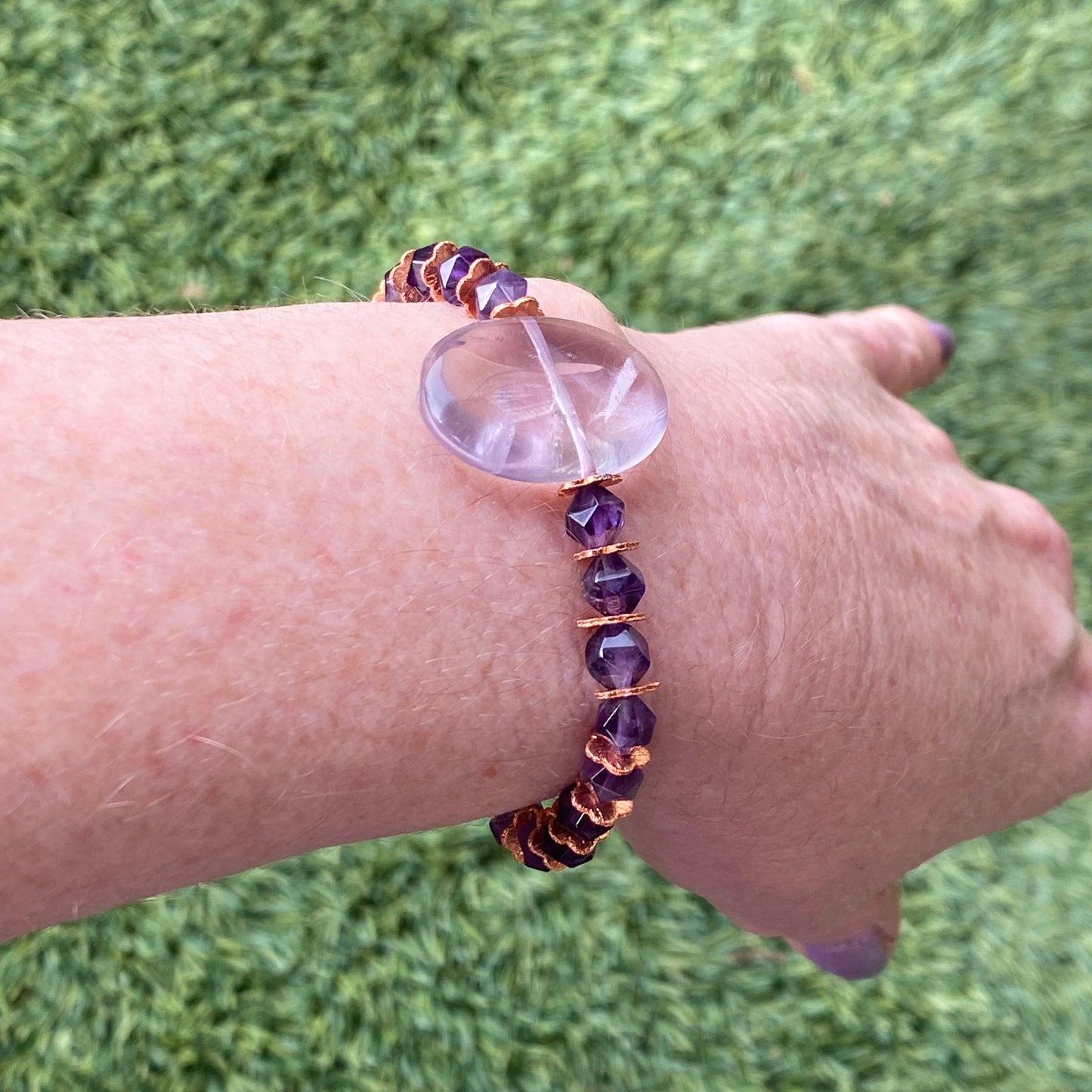 Amethyst gemstone and Copper beaded stretch bracelet