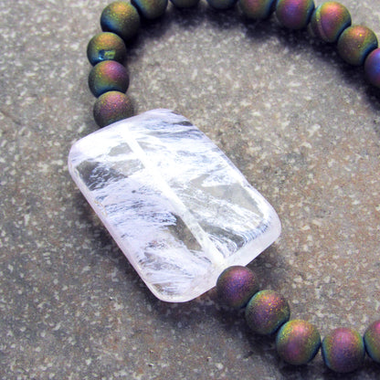 Rainbow Druzy Agate and Purple Cherry Quartz Gemstone Bracelet