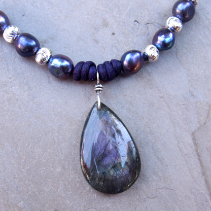 Purple Teardrop Labradorite Pendants, Freshwater Pearls, Sterling Silver Beads and Clasp on Purple Leather