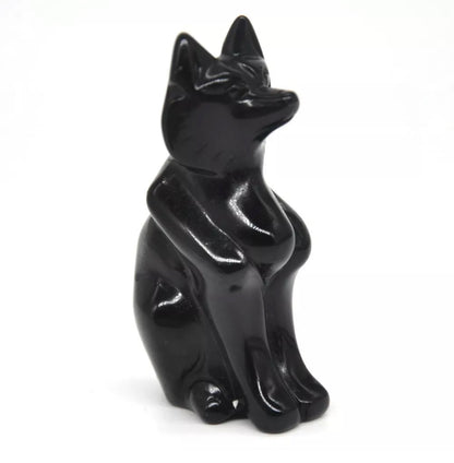 Natural Black Obsidian gemstone carved Fox