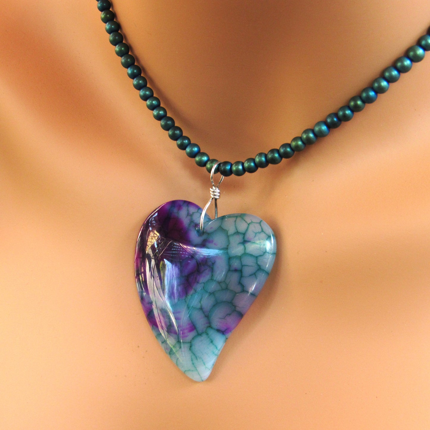 Dragon’s Vein Agate Pendant Heart on Blue Hematite w/ Sterling Silver