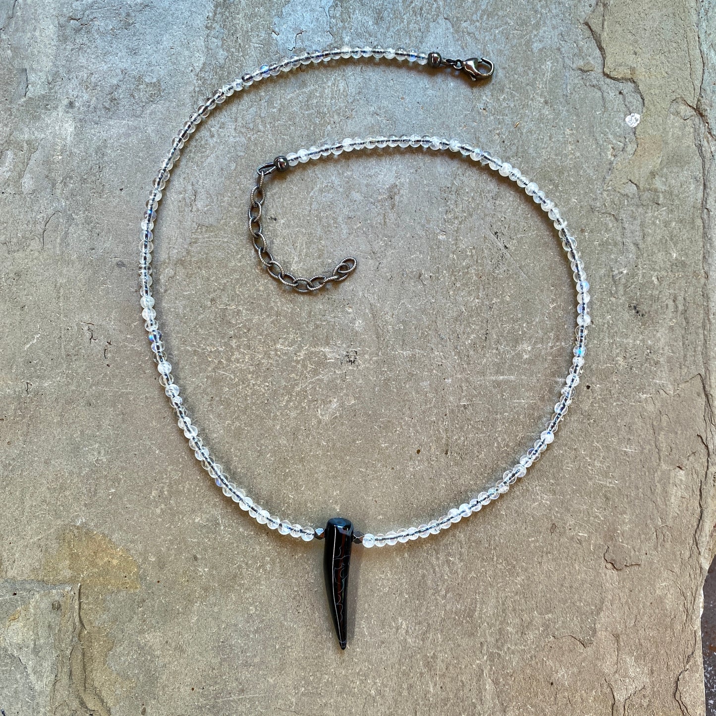 Black Agate Gemstone Horn on Moonstones w/ Sterling Silver Choker