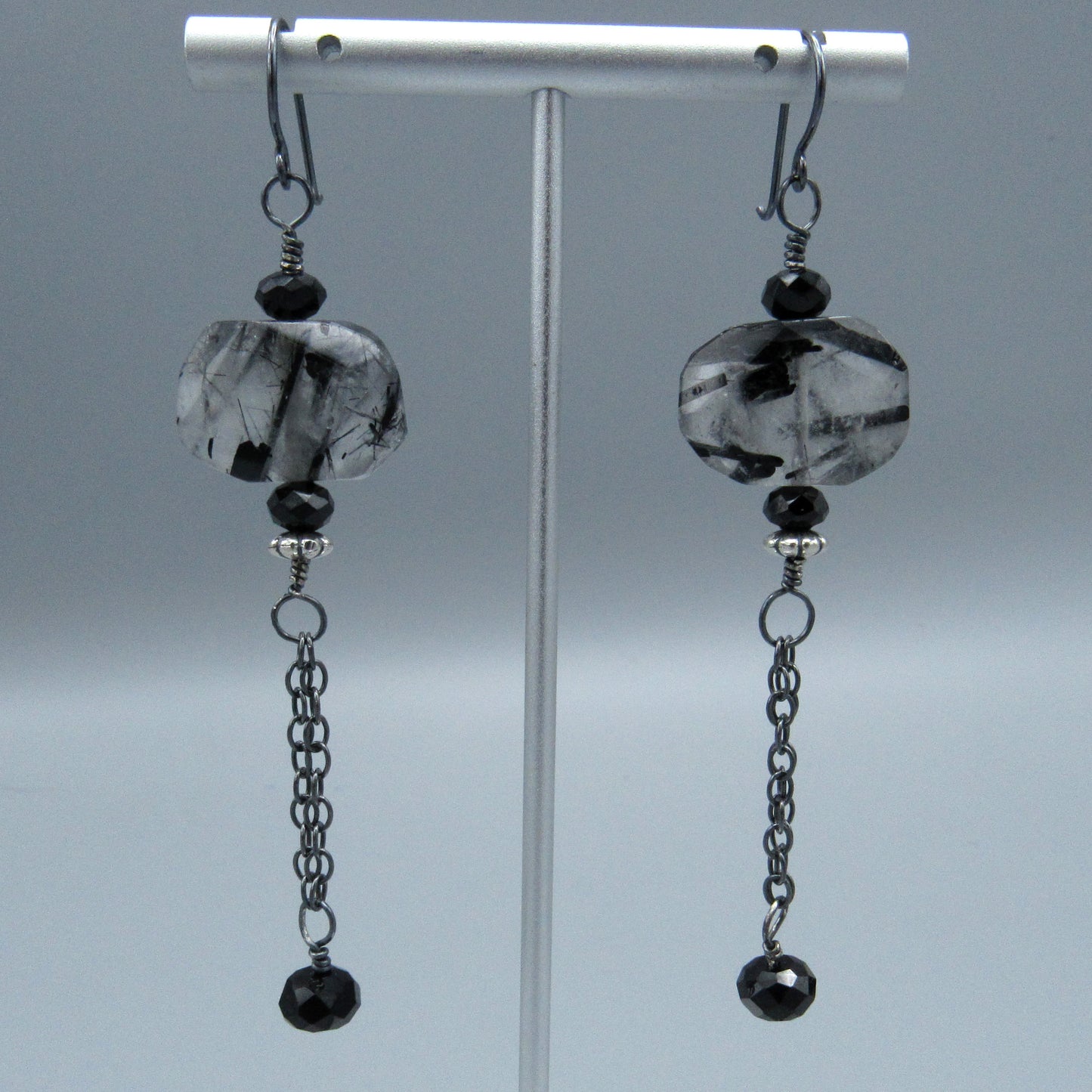 Tourmalinated Quartz, Black Spinel, and Oxidized Sterling Silver Long Dangle Earrings