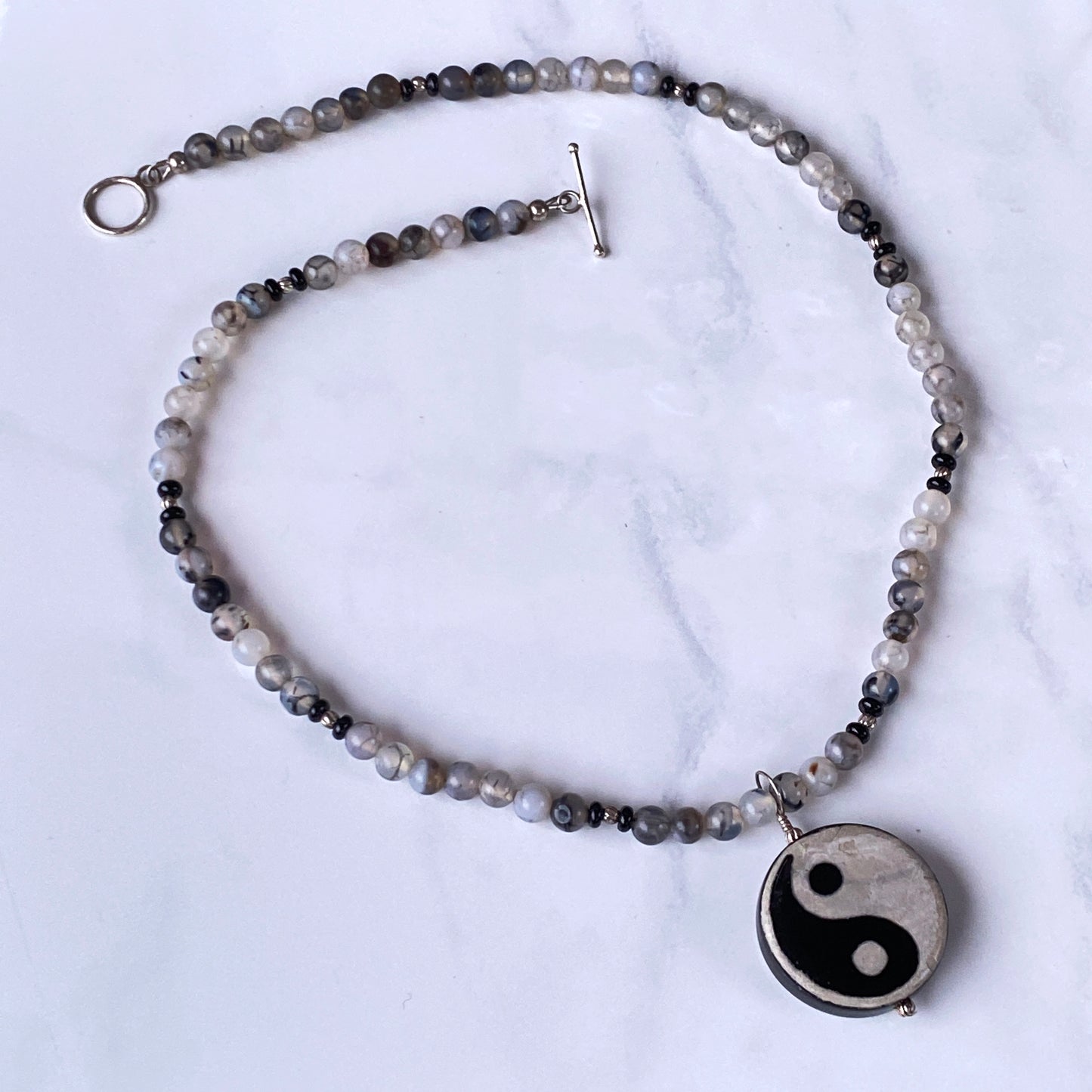 Onyx and Tibetan Agate gemstone Yin Yang Necklace