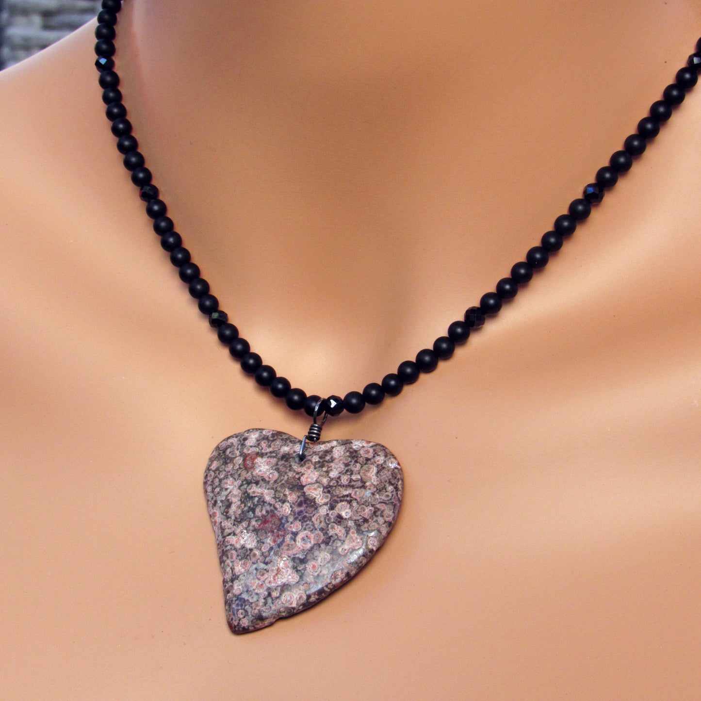 Leopard Print Jasper Gemstone Heart Pendant on Onyx and Spinel Necklace