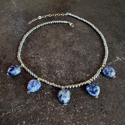 Sodalite heart, silver hematite beads, and sterling silver necklace