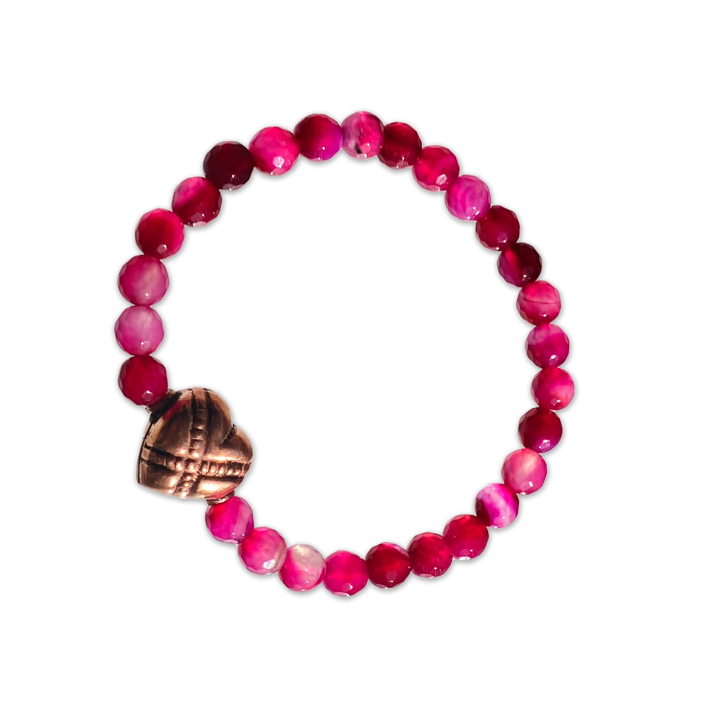 Pink agate gemstone and copper heart stretch bracelet