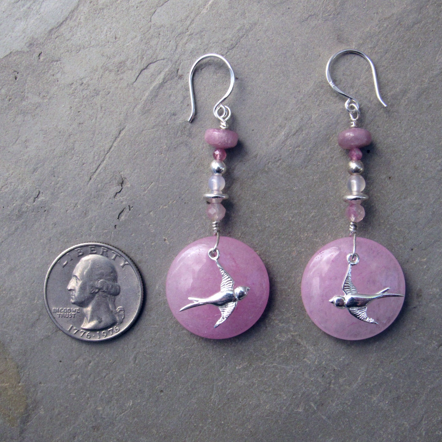 Pink Jade, Pink Tourmaline & Rose Quartz Gemstone Bird Earrings