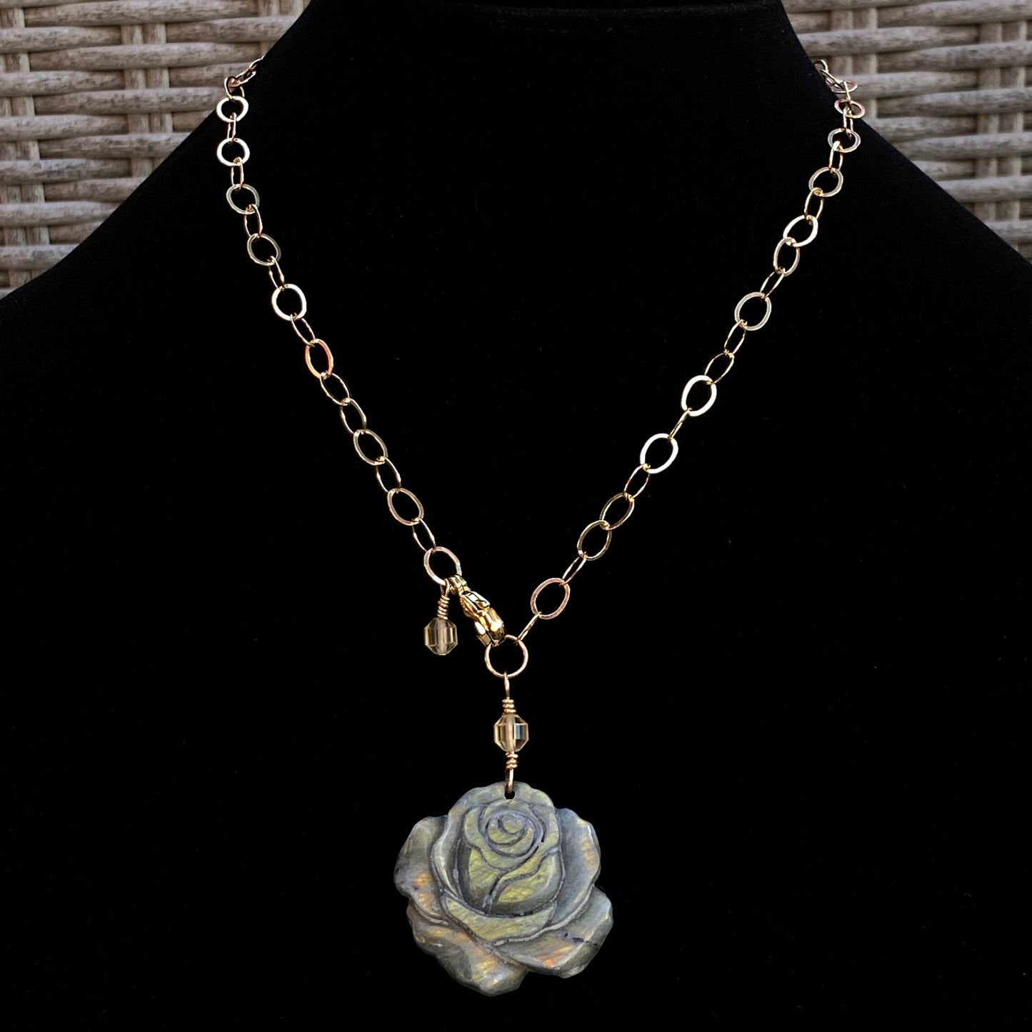 Labradorite gemstone carved Rose pendant on 14 kt Gold Necklace