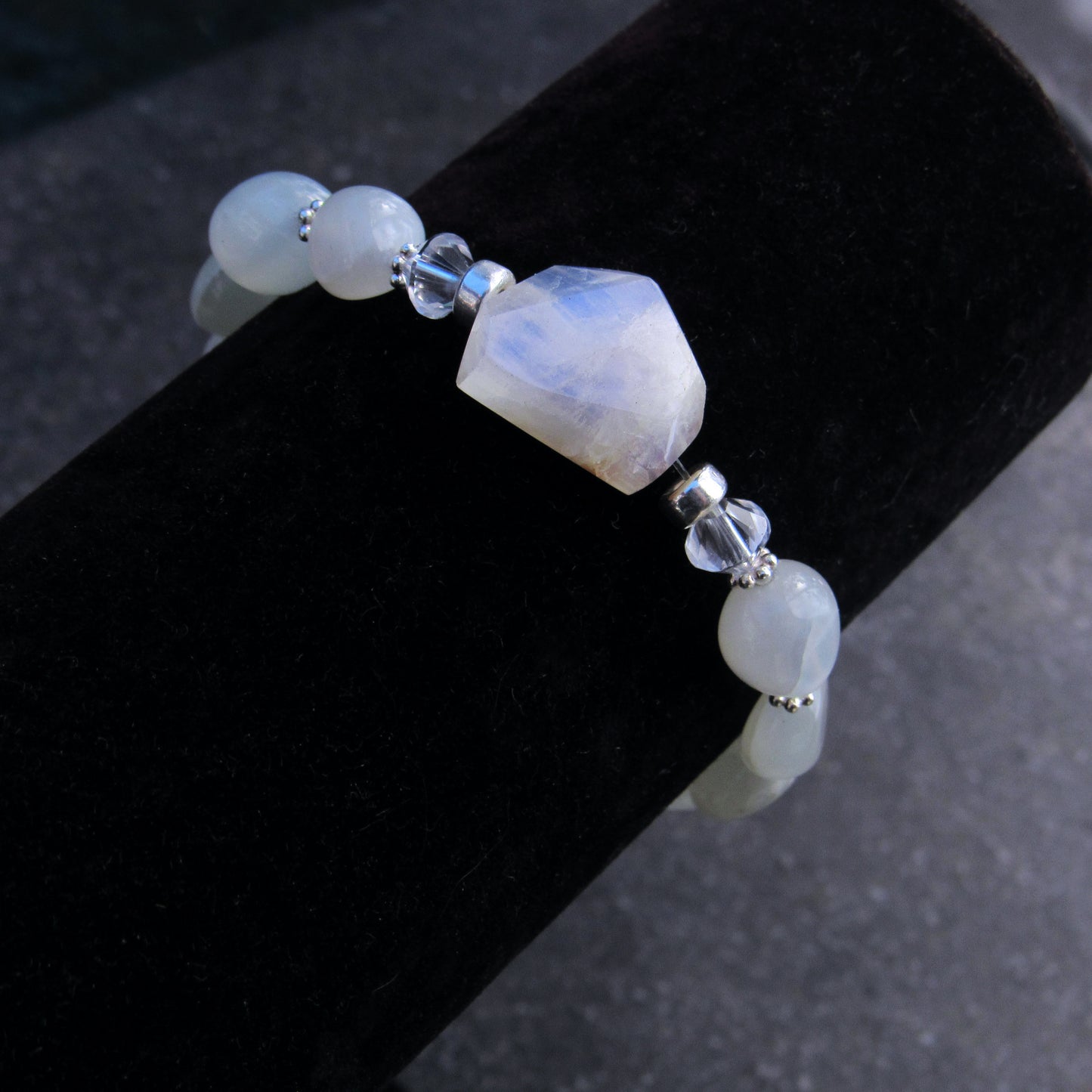 Moonstones, Clear Quartz and Sterling Silver Stretch Bracelet