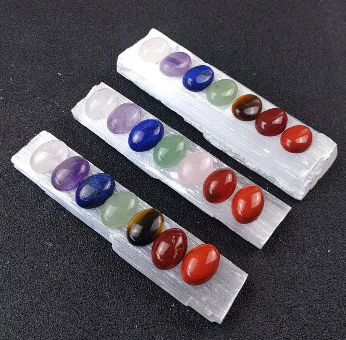 Goddess Blessed Chakra Gemstone Set Polished Selenite Rainbow Crystal Healing