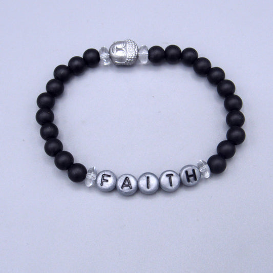 Matte Onyx, Hematite Gemstone Buddha, and Clear Quartz “FAITH” Stretch Bracelet