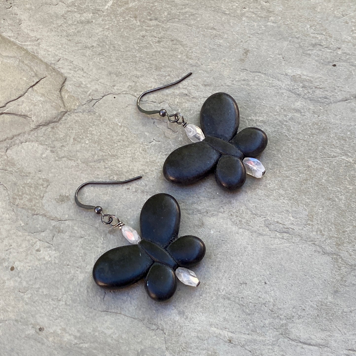 Howlite Butterflies, Blue Flashy Moonstones, Oxidized Sterling Silver Earrings