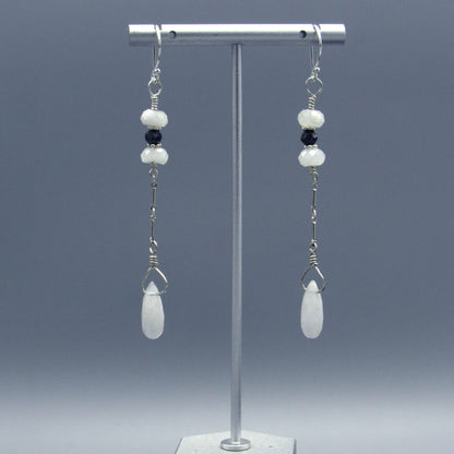 Black Diamond And Moonstone Long Drop Earrings w/ Sterling Silver