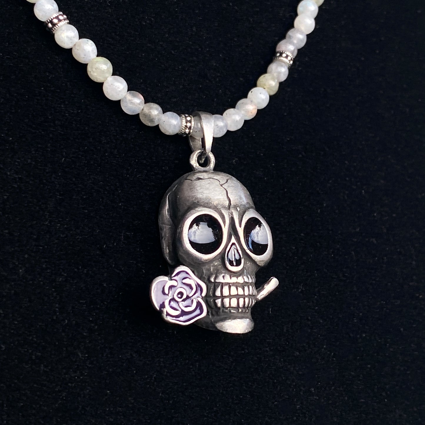 White Labradorite gemstone and Skull with Rose pendant Necklace