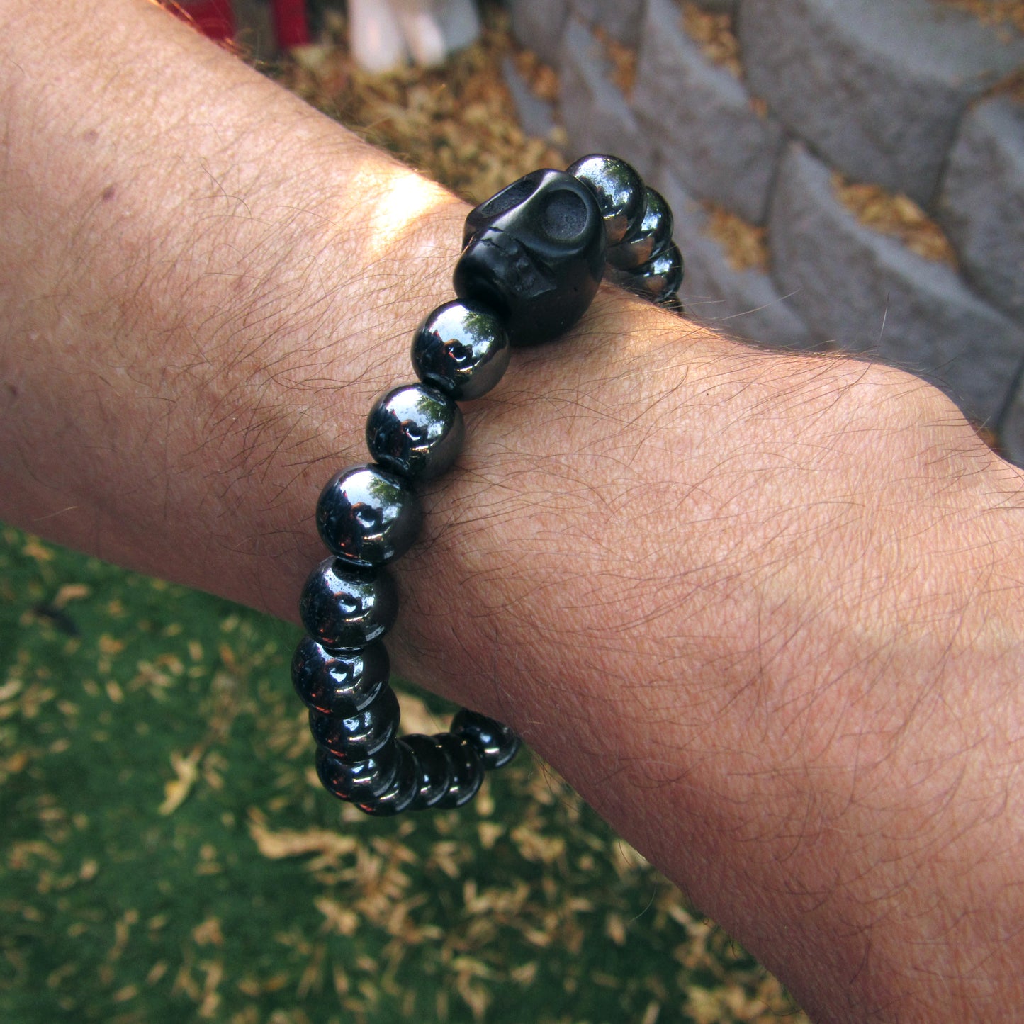 Men’s Black Howlite Skull with Hematite Beads