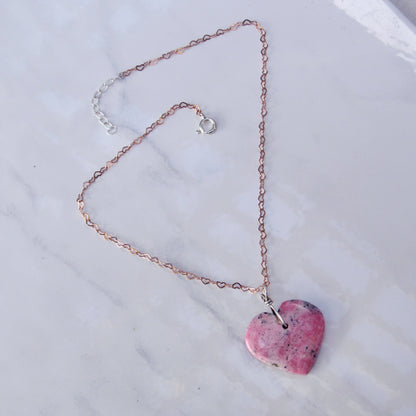 Rhodonite Heart w/ Hand Wrapped Sterling Silver, Rose Gold Fill over Sterling Silver Heart Chain