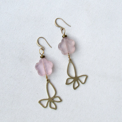 Rose Quartz gemstone  Flowered Brass Butterfly Drop Earrings