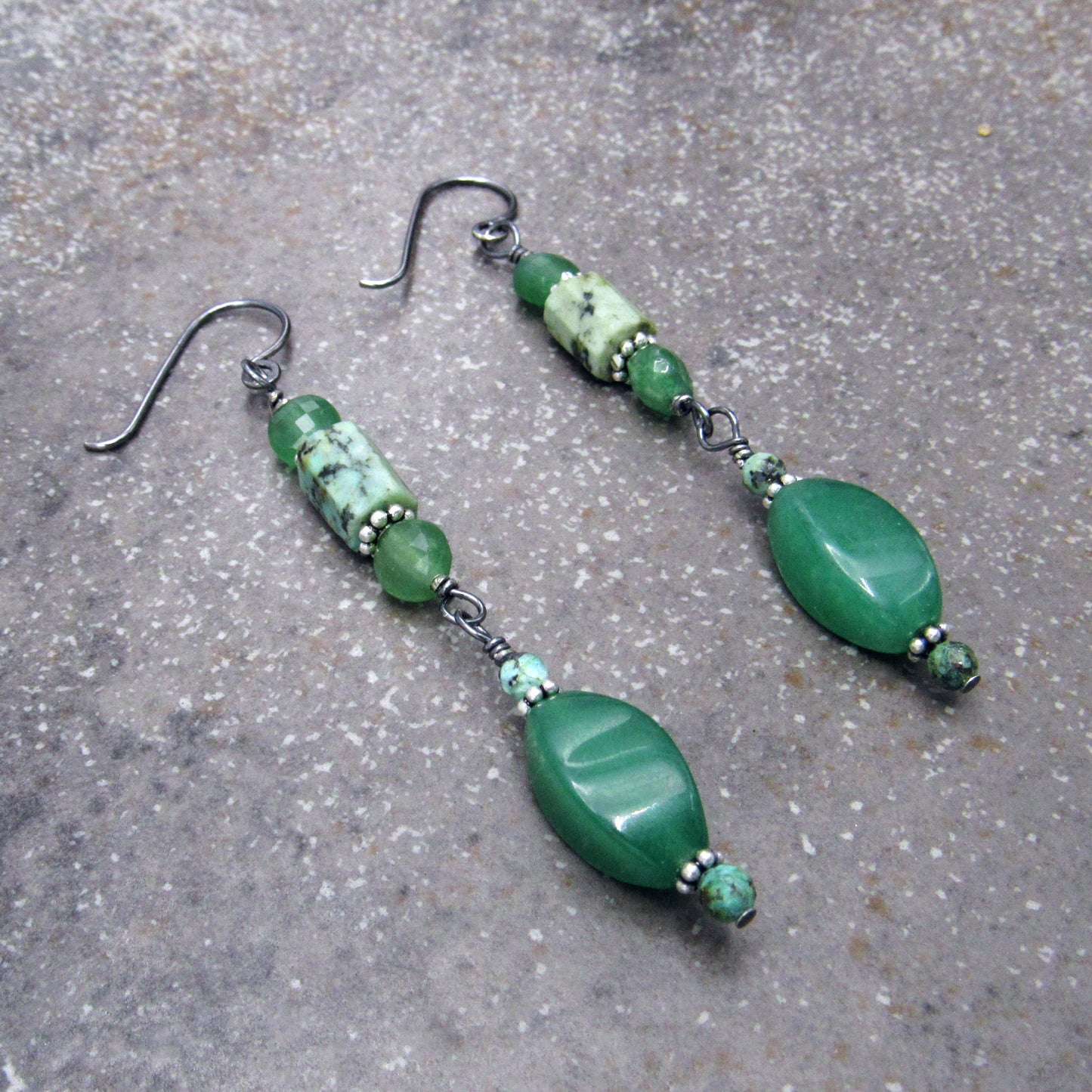 Aventurine, African Turquoise, and Oxidized Sterling Silver Drop Earrings