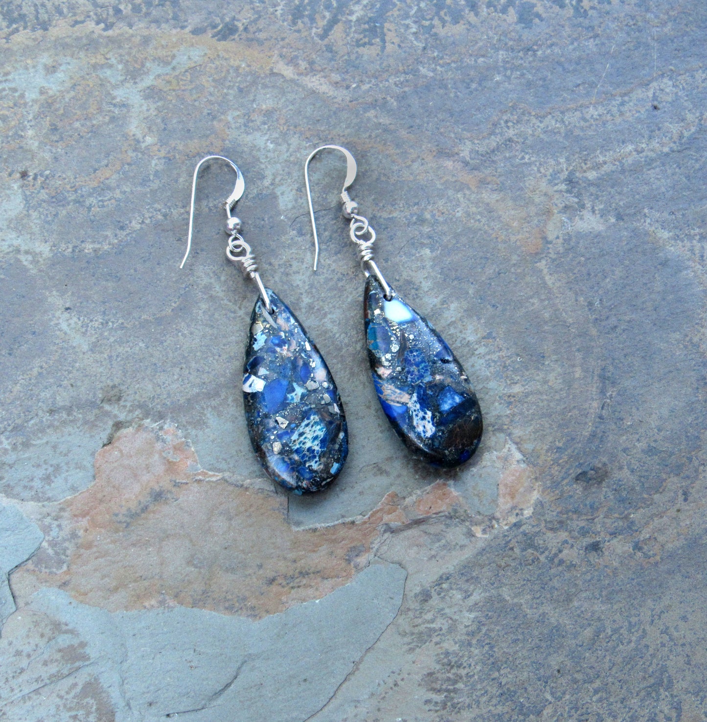 Blue Sea Sediment Jasper Hand Wrapped in Sterling Silver Drop Earrings