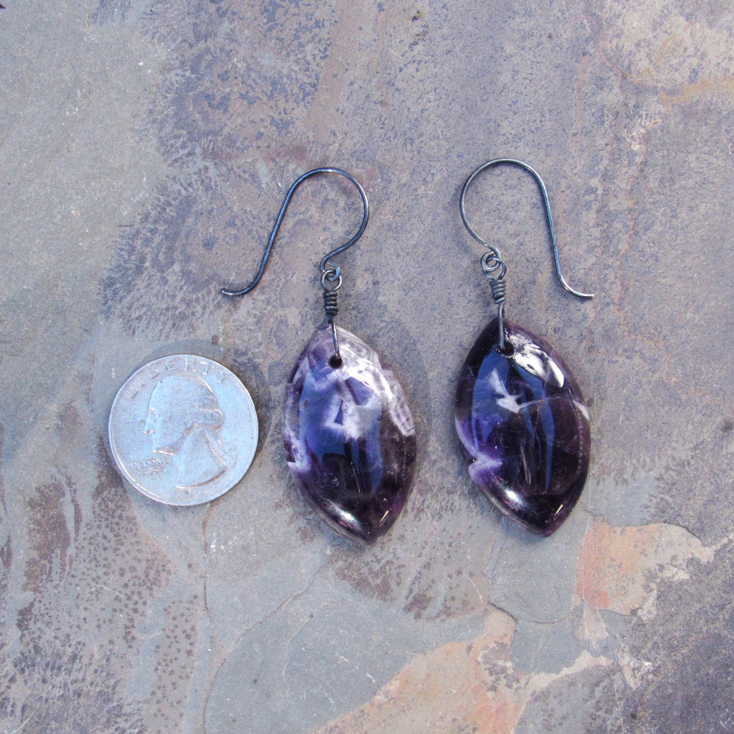 Amethyst Gemstone and Oxidized Sterling Silver Drop Earrings