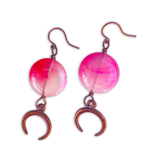 Pink agate gemstone wrapped copper Moon dangle earrings