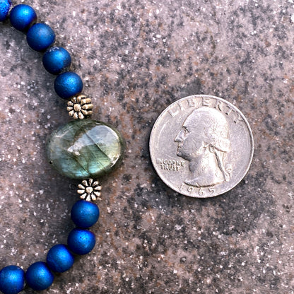 Labradorite, Blue Druzy Agates, and Sterling Silver Stretch Bracelet