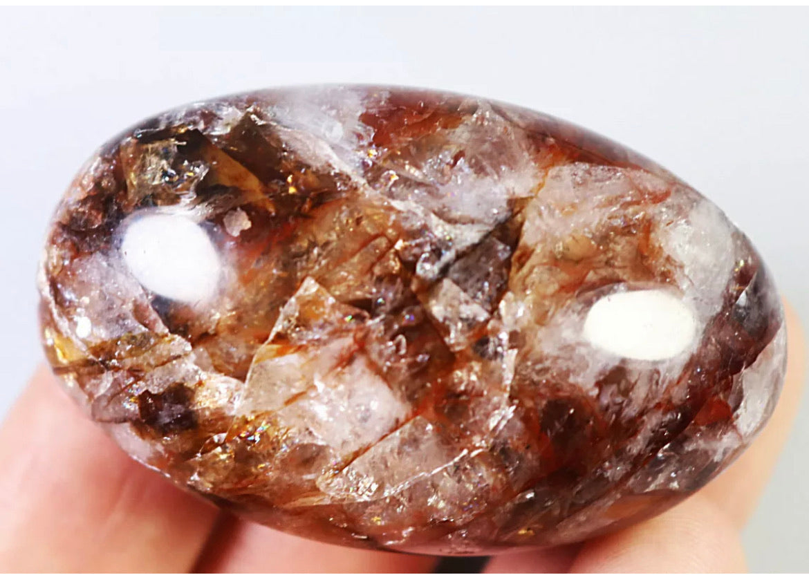 Natural Red Fire Hematoid  Quartz  Rainbow Crystal Palm Stone