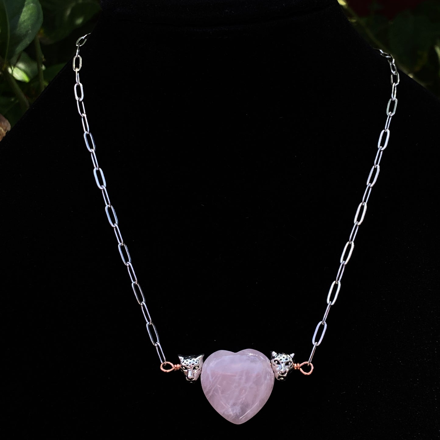 Rose Quartz gemstone Heart and Leopard head Necklace